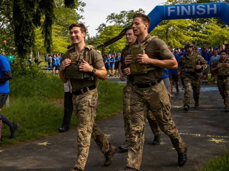 Soldiers running in race wearing plate carriers