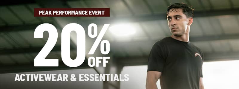 top gear savings event. up to 20% off activewear and essentials. Exclusions Apply.