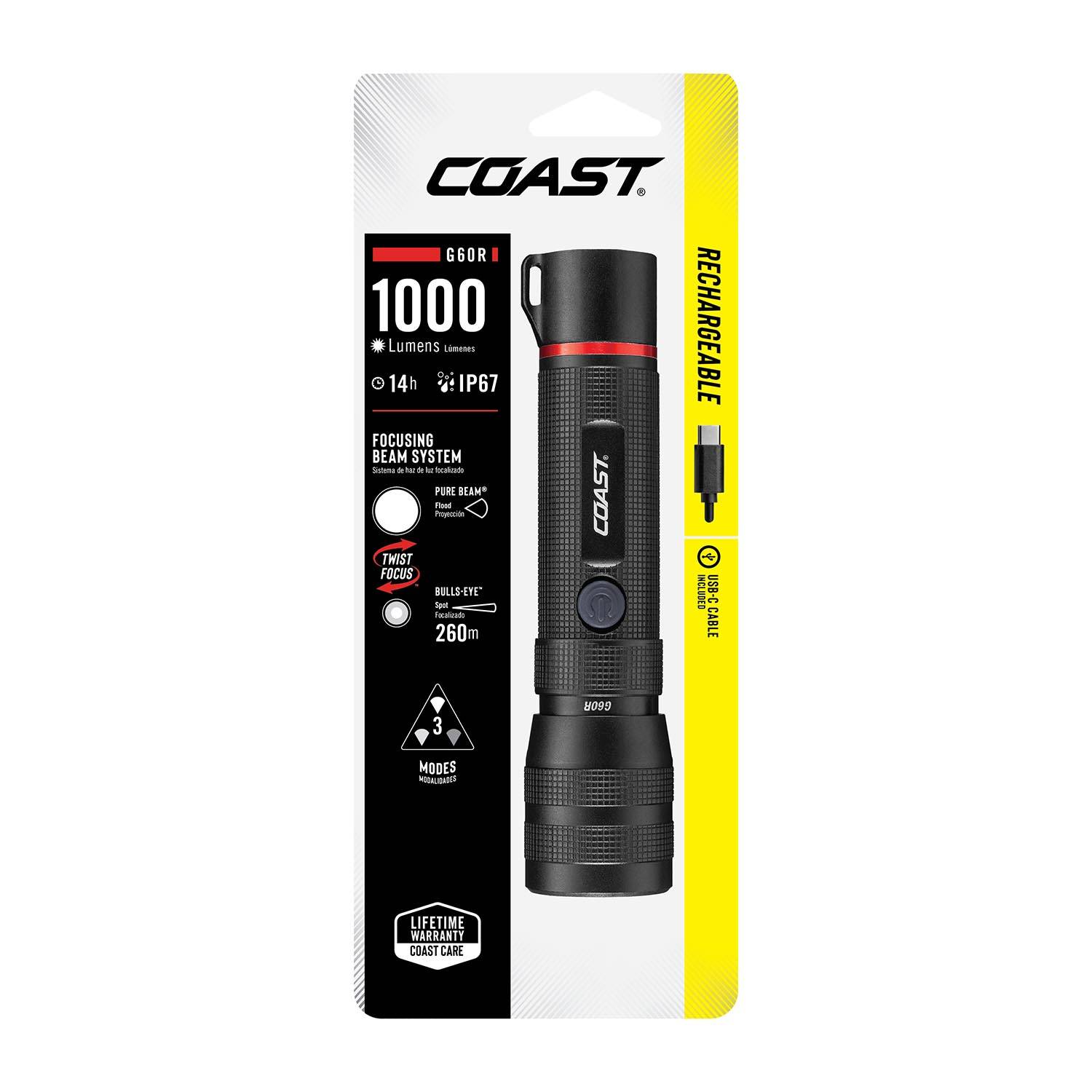 coast 440 lumen waterproof rechargeable flashlight kit XP40R 8000 Dual-Power LED with POWERiQ Real-TIME Display, 5 Light Modes, Ultra View Flood Beam, Push/Pull Focus Select from five modesmedium Coast XP40R Rechargeable 8,000 Lumen