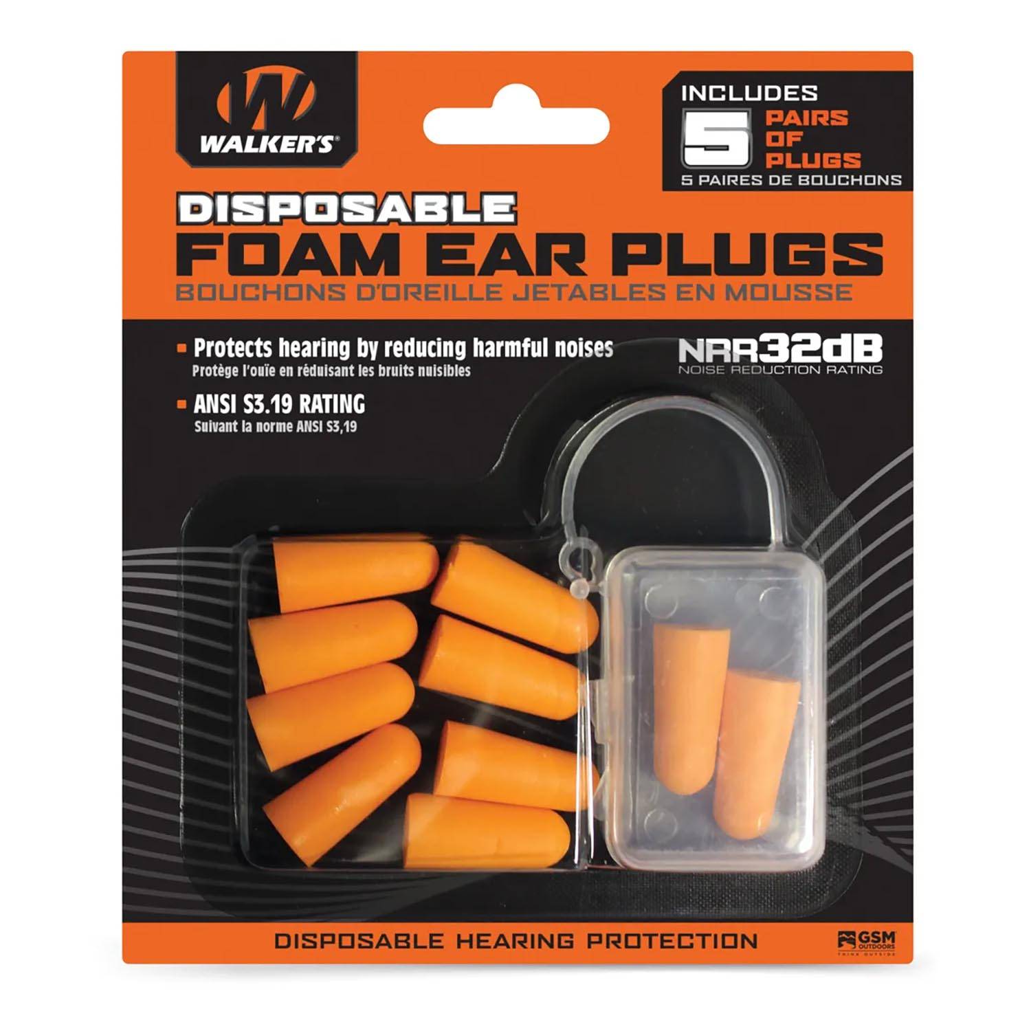 WALKER'S FOAM EAR PLUGS, 5 PACK