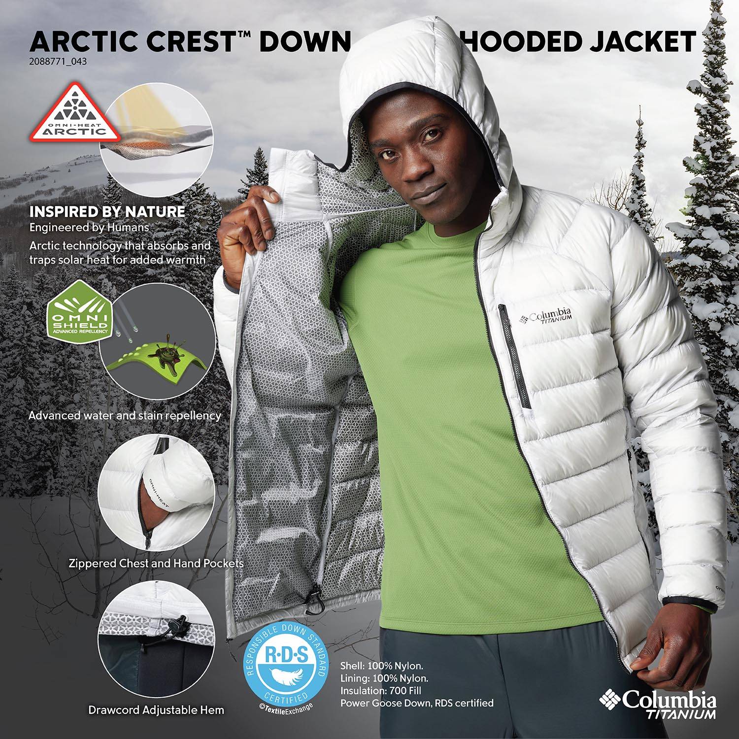 Columbia Mens Arctic Crest Down Hooded Jacket | U.S. Patriot