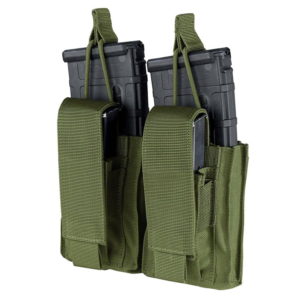 OD Green MOLLE Tactical Double Pistol Kangaroo Mag Pouch - 4 Compartment Magazine Holder For Vests & Belts