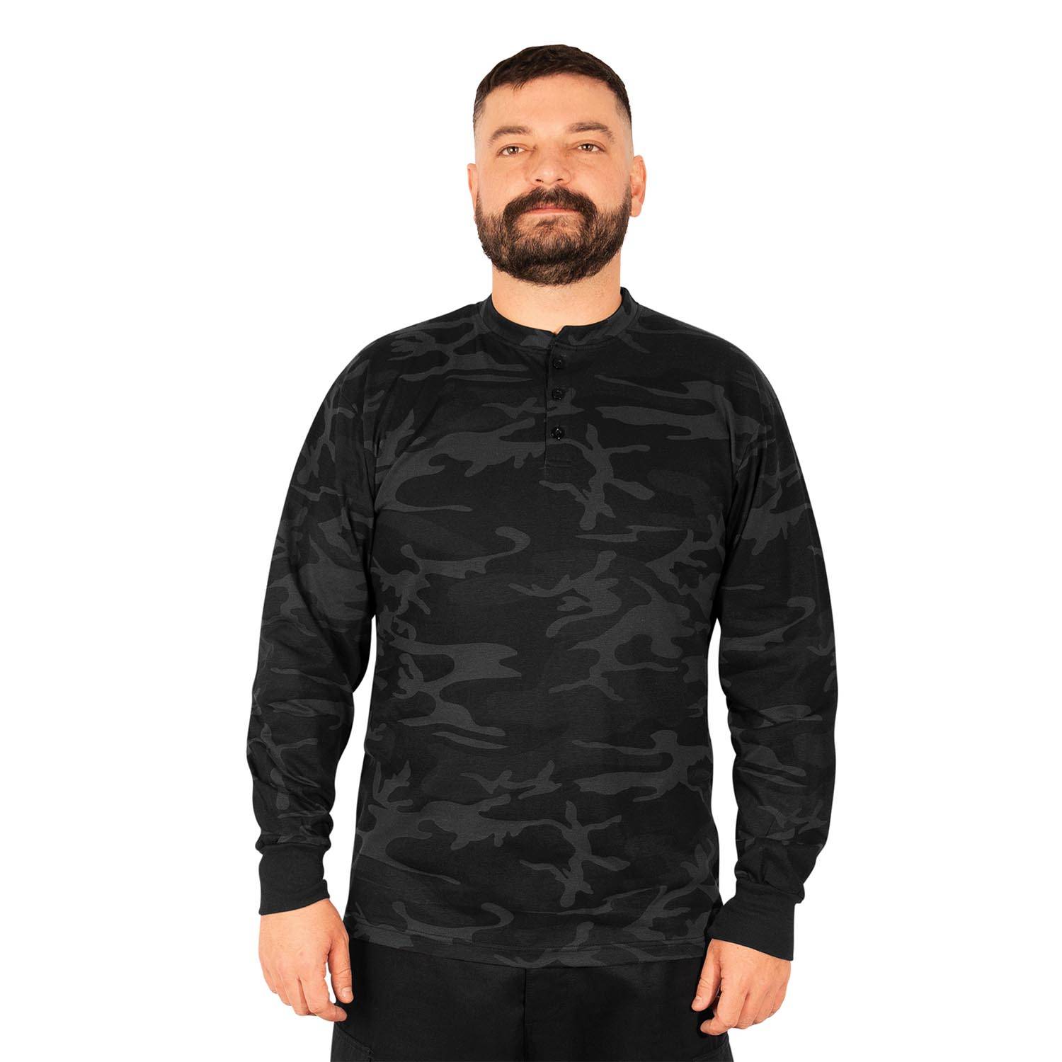 ROTHCO LONG SLEEVE HENLEY T-SHIRT IN BLACK CAMO